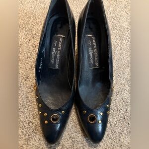 Stuart Weitzman Low Navy Heels with Gold Accents